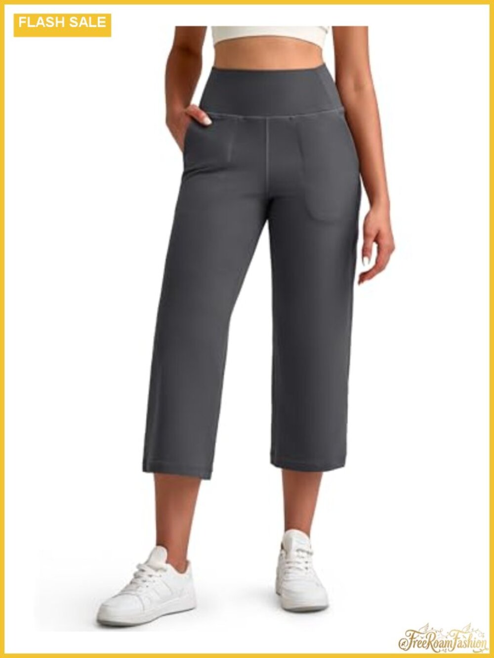 High Stretch Wide Leg Capri Yoga Pants High Waist Pocket Leggings